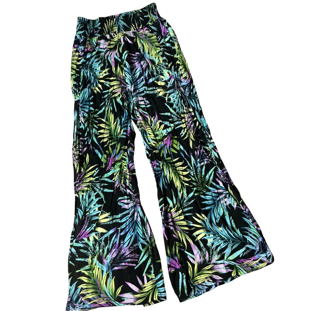 India Boutique Tropical Palm Print Palazzo Pants Womens OS Black Wide Leg Boho
